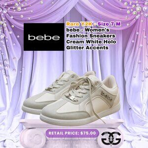 bebe - Size 7 Women's Fashion Sneakers Cream White Holo Glitter Accents